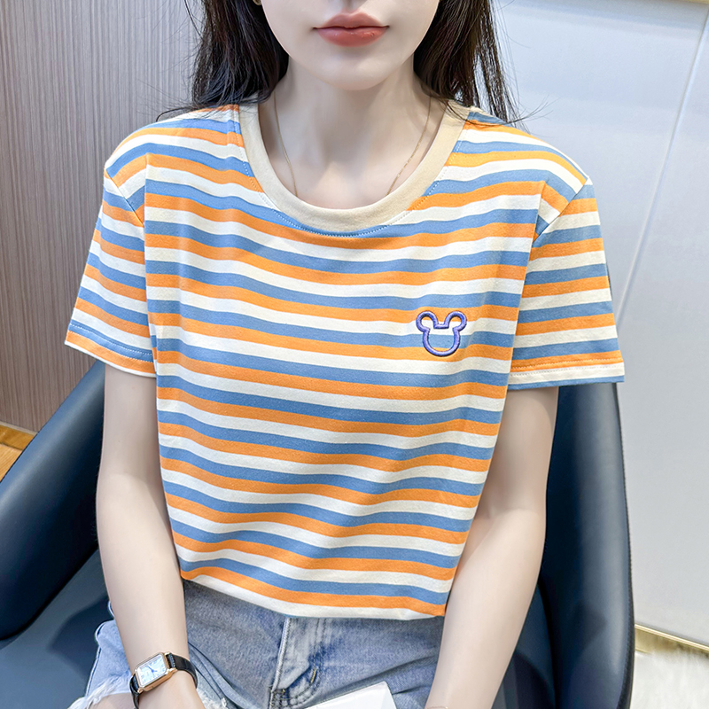 撞色刺绣条纹t恤圆领宽松短袖女春秋内搭打底衫夏季薄款半袖上衣