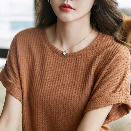 短袖女2025新款夏设计感小众t恤白色宽松胖MM半袖上衣纯色华夫格
