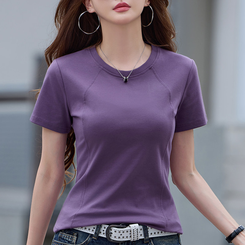 纯棉紫色短袖t恤女夏季2026新款修身圆领内搭显瘦打底衫体恤上衣,女装/女士精品,T恤,淘宝优惠券,粉丝福利购,淘宝优惠卷