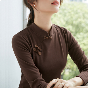 盘扣上衣纯棉立领长袖 秋冬装 t恤女 旗袍打底衫 中国风复古改良中式