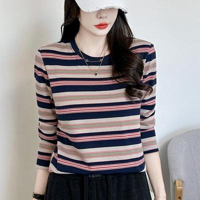 不起球纯棉圆领条纹长袖t恤女