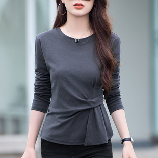 抽褶收腰上衣正肩百搭内搭打底衫 2025新款 t恤女秋装 纯棉圆领长袖