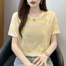 条纹竹节棉大码短袖夏季薄款T恤女2025新款胖mm显瘦遮肚半袖上衣
