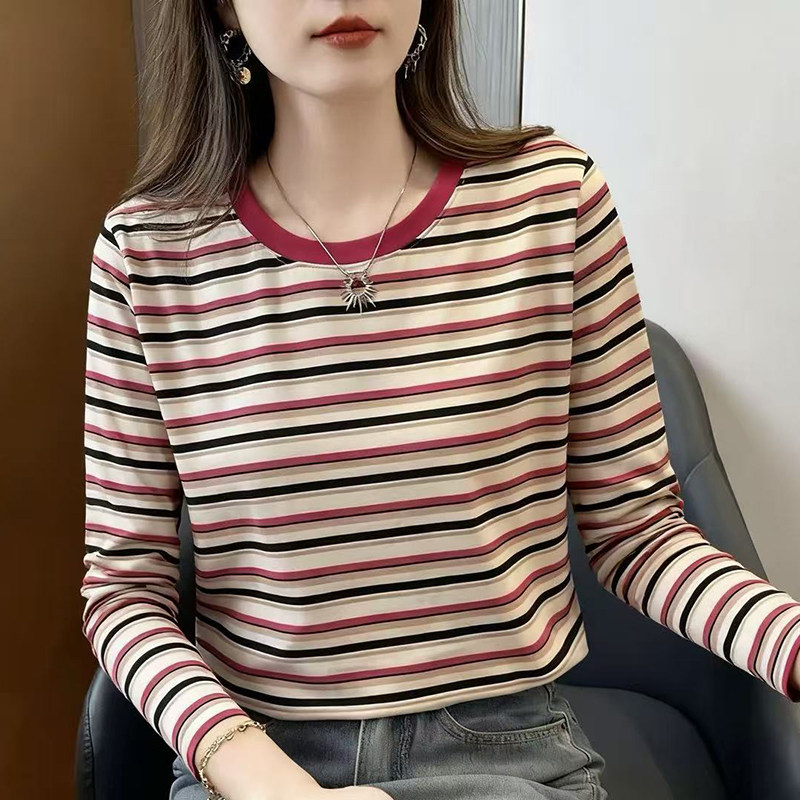 纯棉条纹长袖T恤女打底衫春秋新款大码宽松显瘦百搭洋气内搭上衣