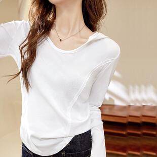 女士长袖t恤2025春秋新款打底衫纯棉U领宽松大码体恤连帽内搭上衣