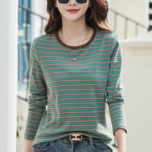 纯棉条纹t恤女长袖丅单可外穿上衣 春秋衣加厚小衫宽松体桖打底衫