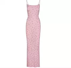 Valentine's Day Pink Cherry Logo Baby's Breath Print Suspender Dress Women's Long Skirt