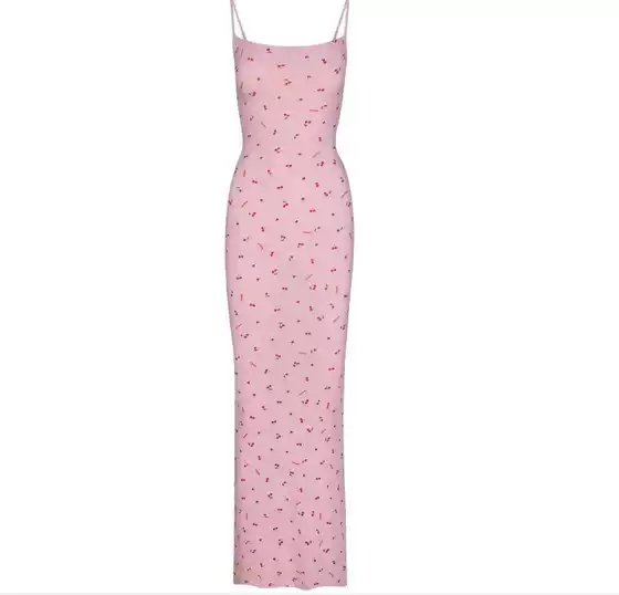 Valentine's Day Pink Cherry Logo Baby's Breath Print Suspender Dress Women's Long Skirt