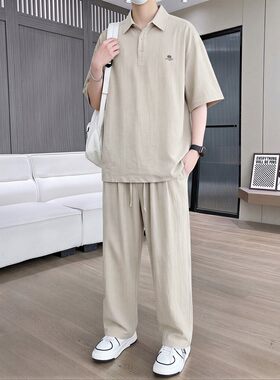 爆款屋-男夏季薄款衬衫OIO衫冰丝麻短袖长裤套装两件套款