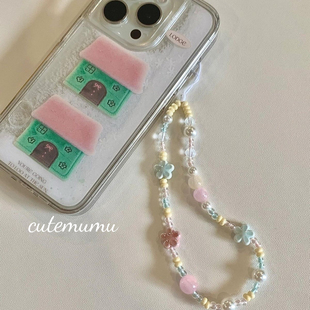 ins风粉蓝色小花朵手机壳链条ccd相机挂绳diy手工串珠少女心挂件