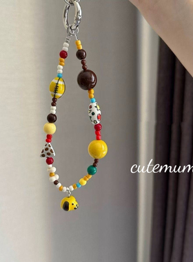 ins原创自制黄色橄榄球小狗手机可爱手机链串珠ccd挂链相机挂件