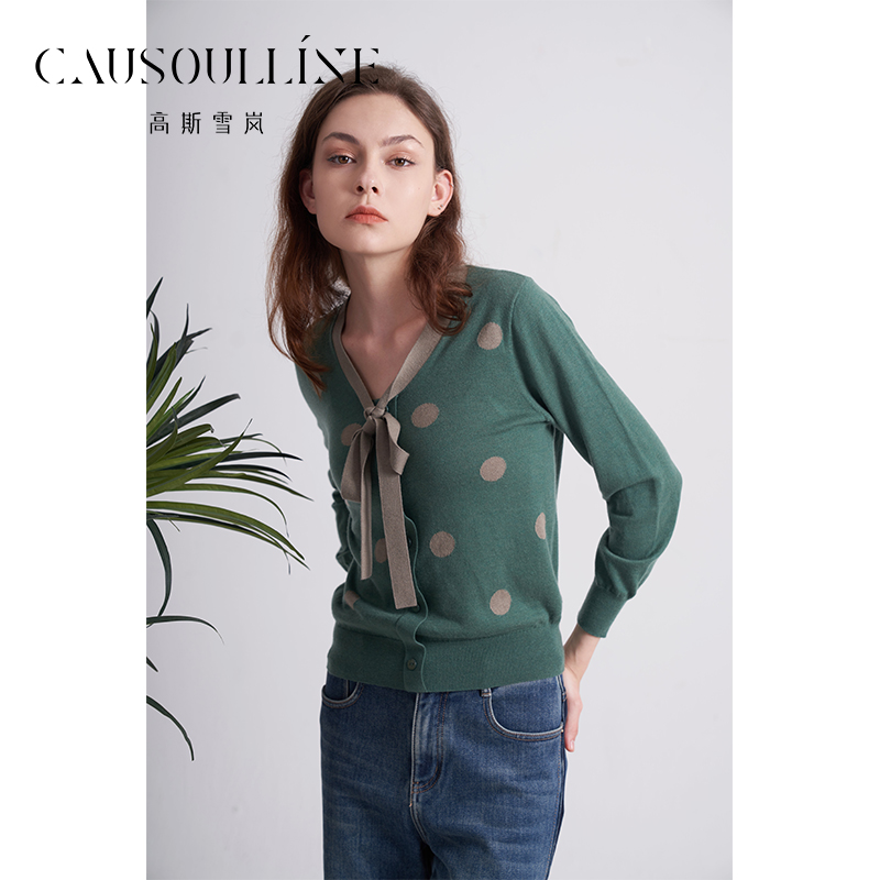 高斯雪岚时尚波点拼色V领针织衫