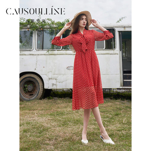 高斯雪岚蝴蝶结波点雪纺连衣裙