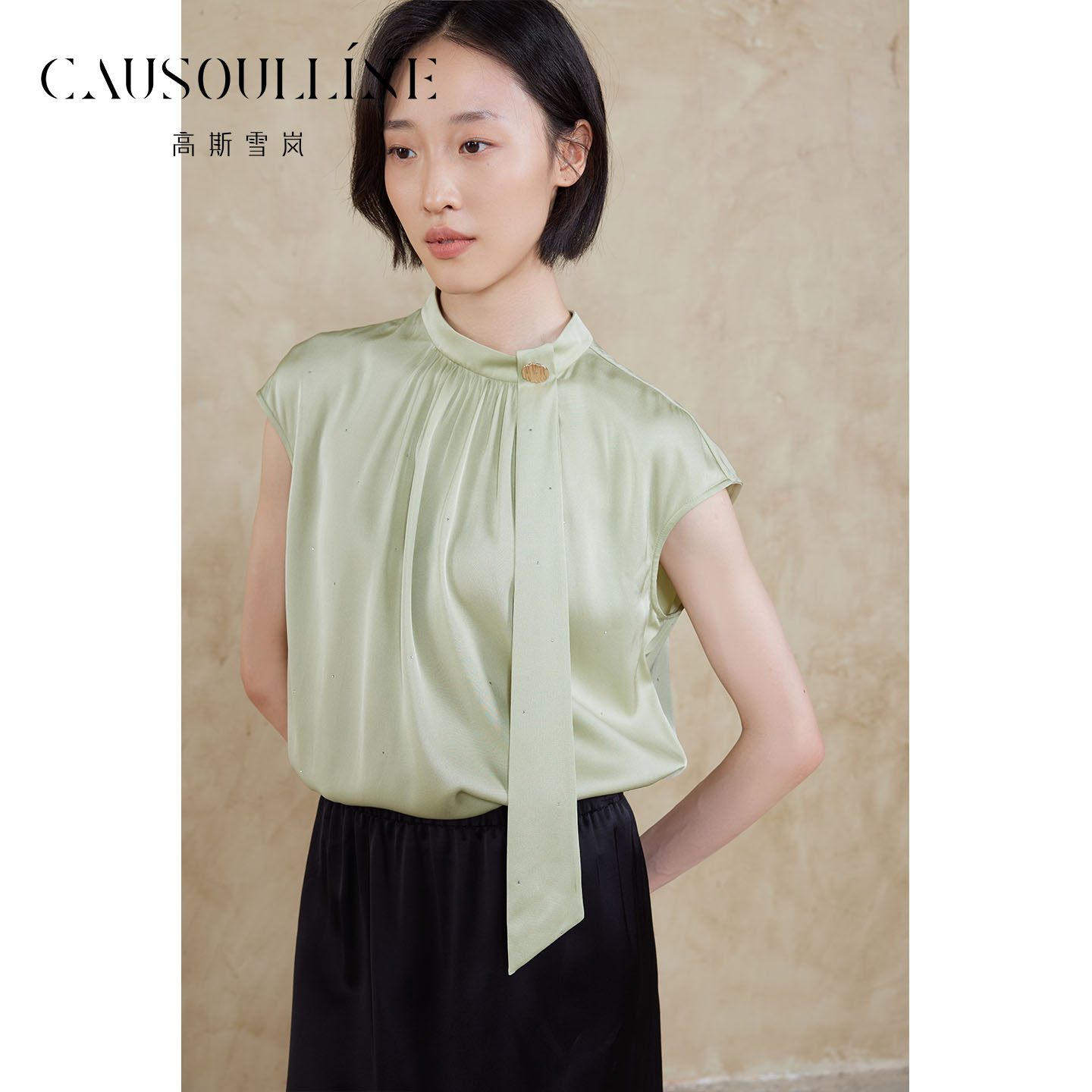 法式飘带短袖衬衫桑蚕丝上衣