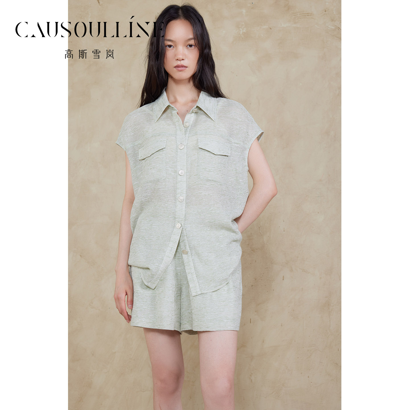 休闲翻领衬衫+阔腿短裤套装