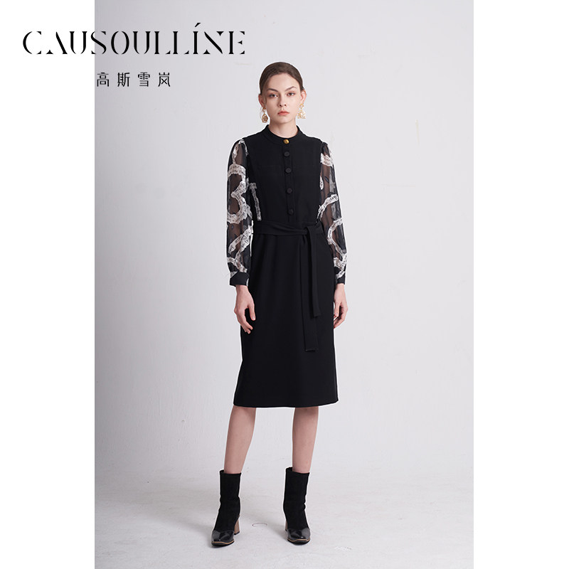 高斯雪岚2024春装新品复古印花直筒裙简约气质连衣裙长袖茧型裙