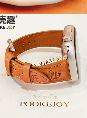 POOKEJOY适用苹果applewatch11压花小猫表带a10/s9/s8/真皮表带新