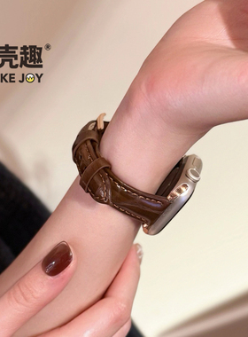 POOKEJOY适用苹果applewatch11亮面小方扣表带s10真皮表带s9s8秋