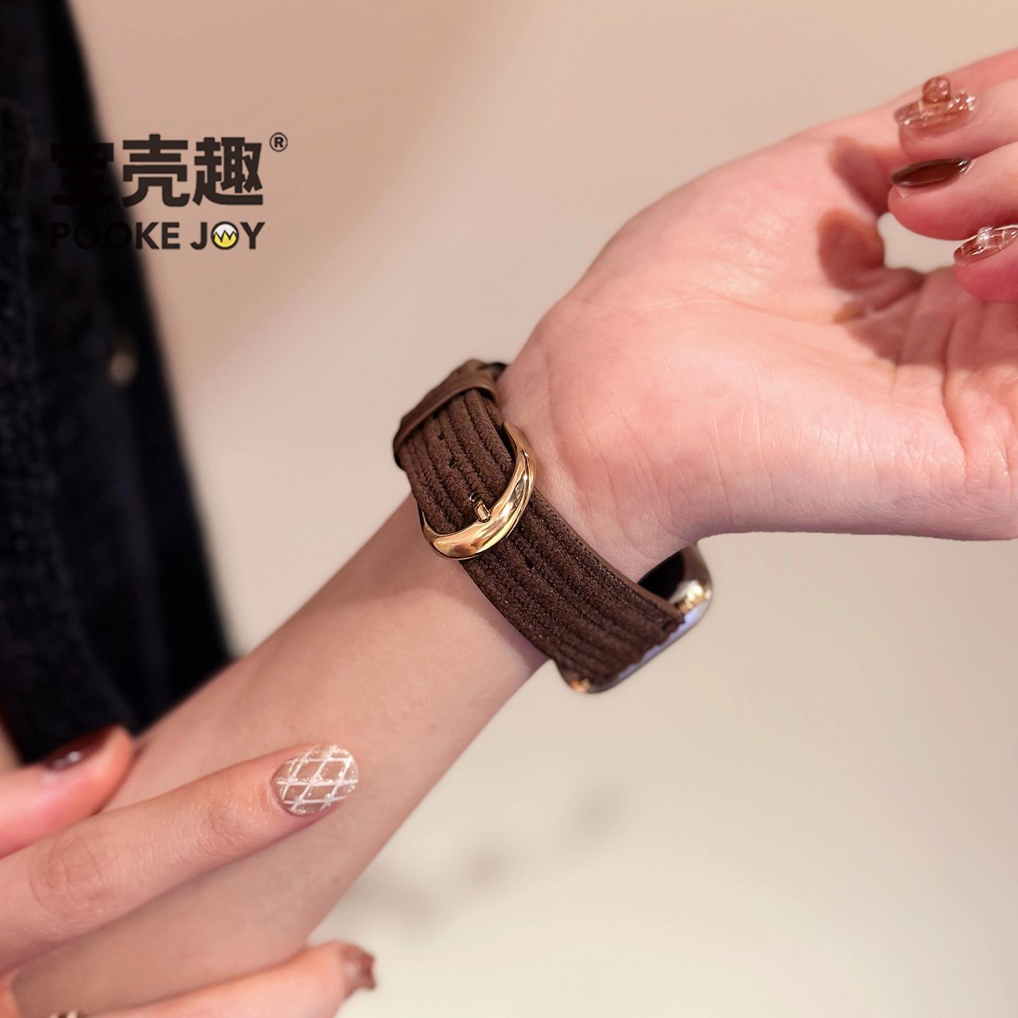 POOKEJOY适用苹果applewatch11灯芯绒金扣皮表带s10/s9/s8/s7秋冬