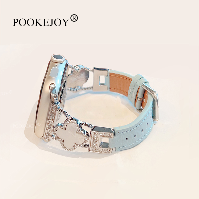 POOKEJOY适用苹果applewatch11四叶草拼真皮表带s10精致s9/s8新款