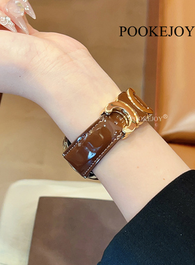 POOKEJOY适用苹果applewatch11双C亮面真皮表带a10/s9/s8表带气质