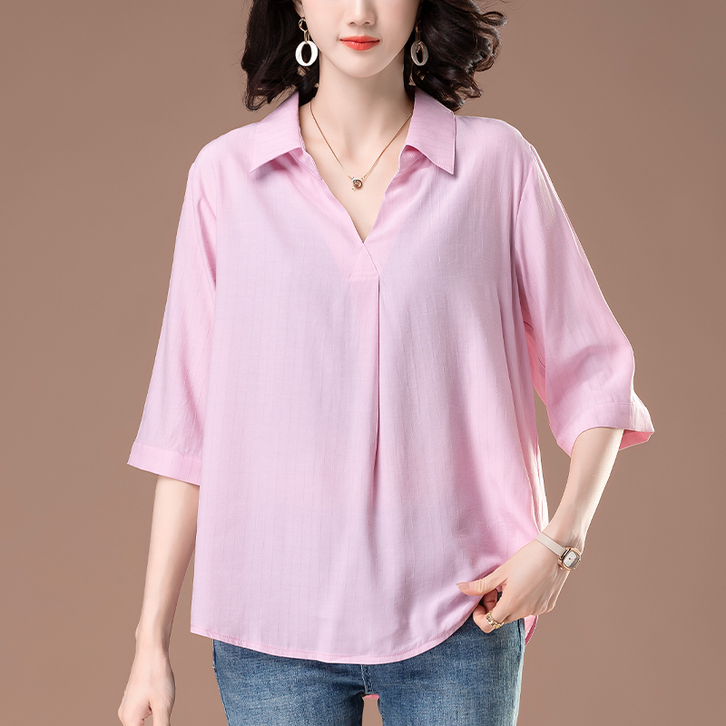 七分袖衬衫女夏季新款加肥加大码女装宽松胖妈妈纯色休闲中袖上衣
