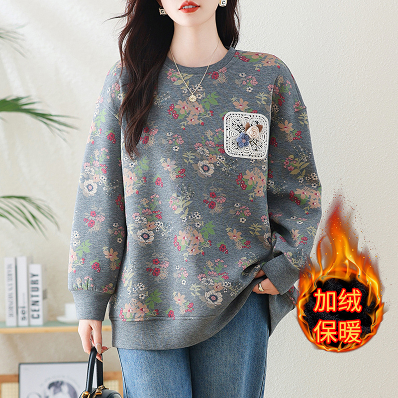 妈妈加绒卫衣女秋冬新款宽松加肥加大码女装胖MM休闲加厚保暖上衣