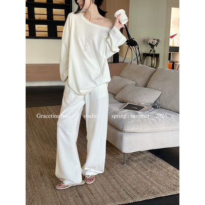 圆领无袖上衣阔腿裤套装女显瘦