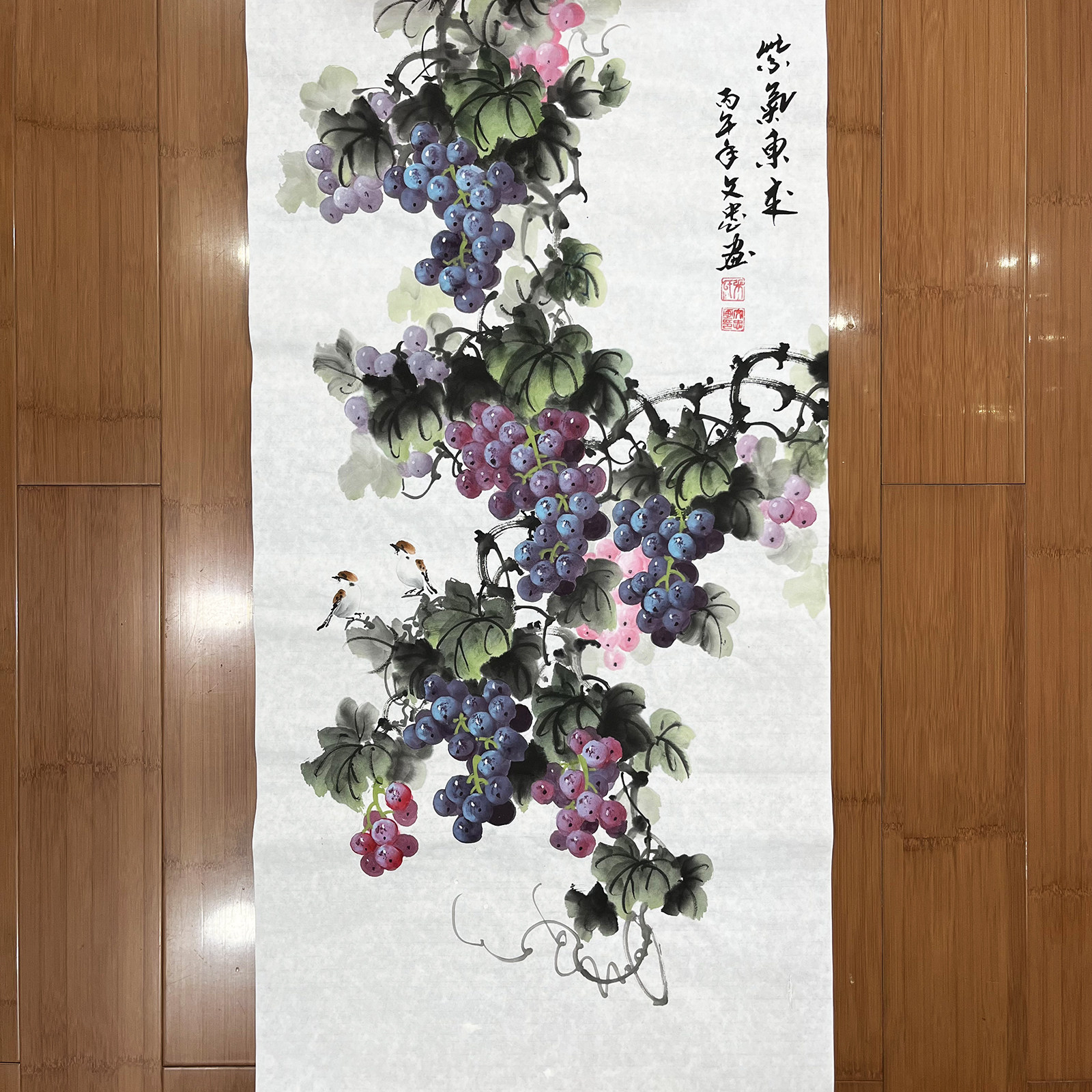 张文忠纯手绘葡萄国画三尺竖版宣纸98*50厘米紫气东来玄关装饰画