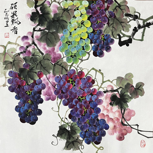 听昱亲笔手绘四尺斗方宣纸硕果飘香客厅餐厅花鸟挂画作品68*68