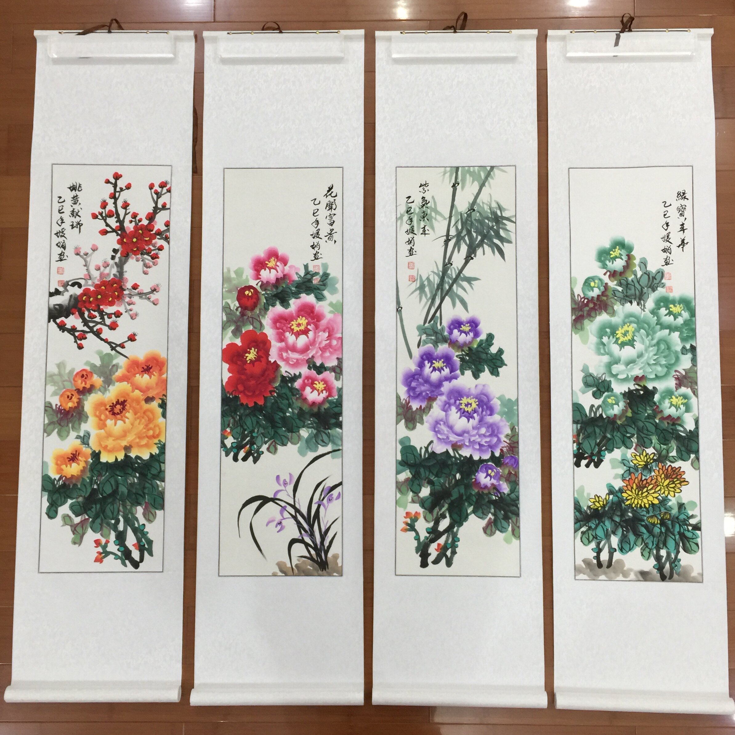 张媛娟纯手绘国画四条屏挂画梅兰竹菊牡丹客厅软裱卷轴背景墙装饰