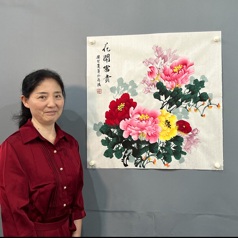 手绘真迹国画牡丹花开富贵新中式入户玄关装饰画斗方挂画餐厅壁画