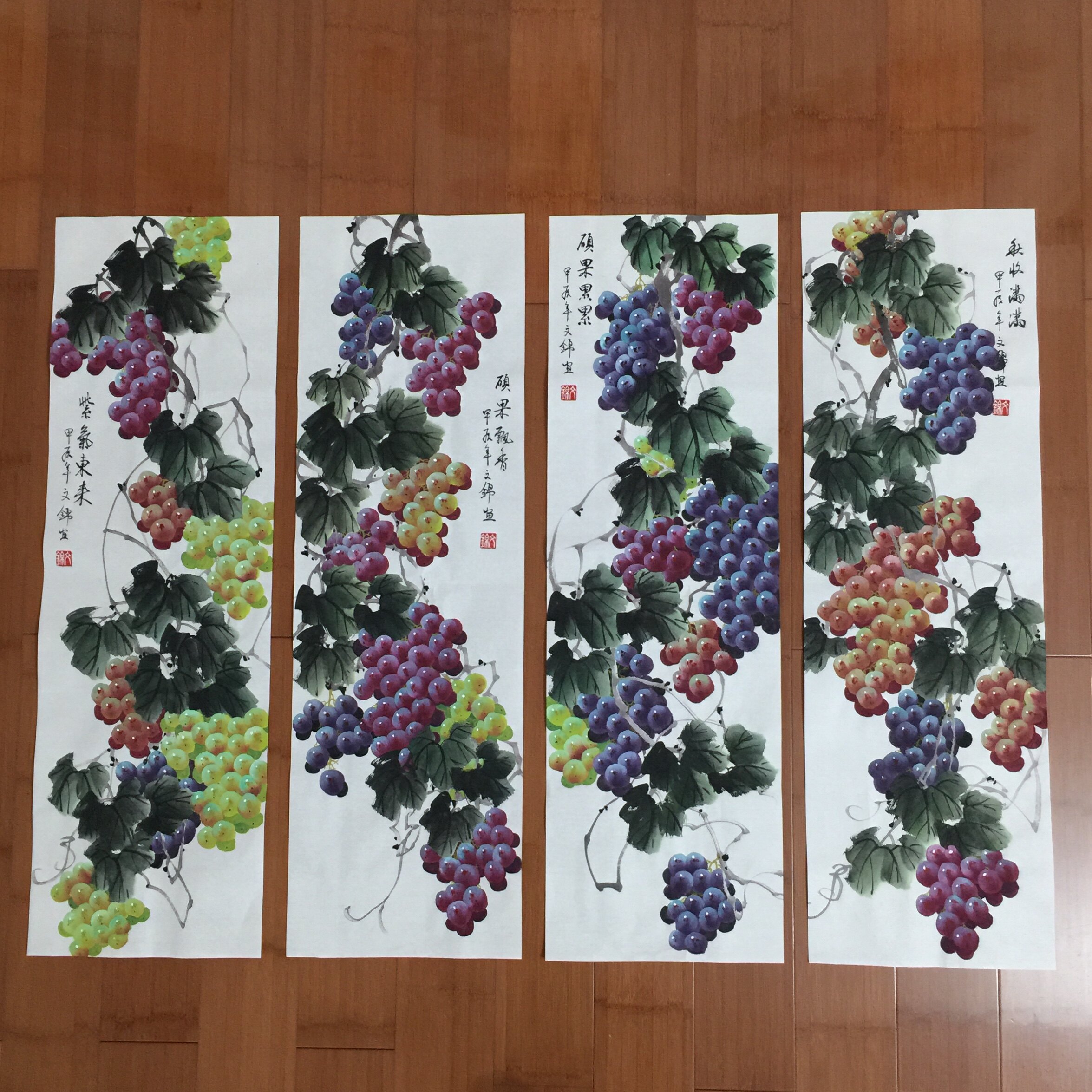 张文锦手绘葡萄写意国画中号四条屏国风精品客厅走廊中堂装饰画