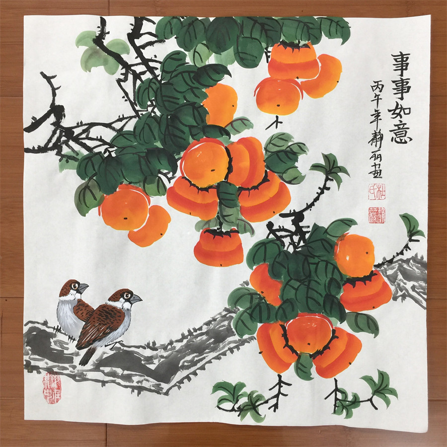 杜静丽手绘三尺斗方小鸟柿子