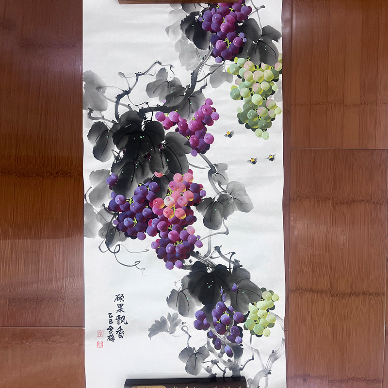 李雪梅手绘葡萄国画三尺竖版硕果飘香客厅玄关中堂走廊新中式装饰