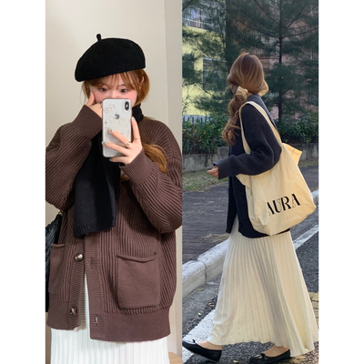 蘑糯糯慵懒大毛衣外套女秋冬宽松针织开衫中长款上衣