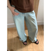 高腰显瘦拖地长裤 宽松直筒阔腿裤 女春夏新款 私服浅蓝色水洗牛仔裤