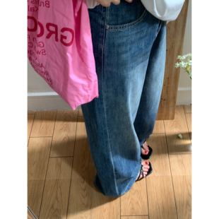 女春秋小个子宽松休闲显瘦直筒长裤 自留款 水洗复古蓝色阔腿牛仔裤