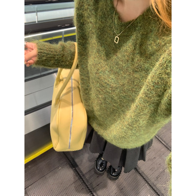 高级感复古绿色加厚毛衣女冬2025新款韩版慵懒风圆领套头针织上衣