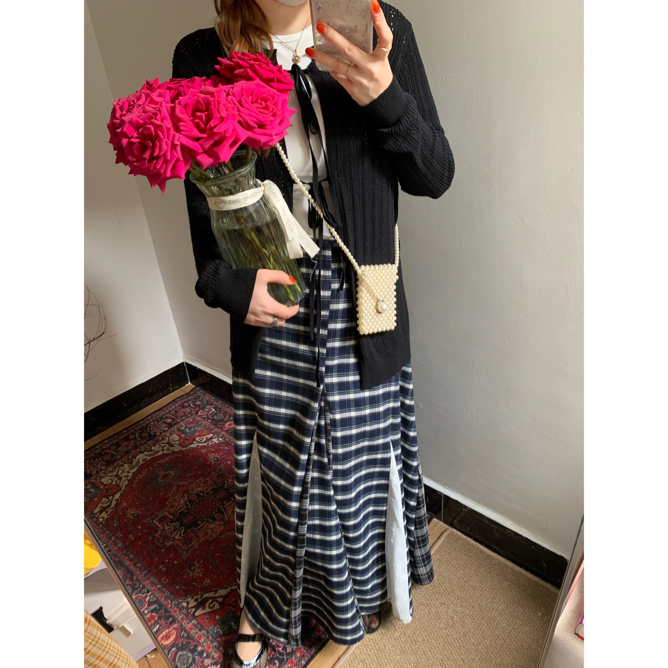 美院返校生不规则撞色格纹提花拼接半身裙女春夏大裙摆伞裙