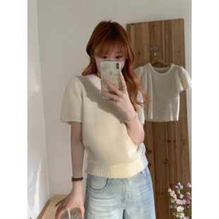 自留款 女春夏2026宽松显瘦慵懒气质上衣 韩系简约老钱风针织短袖