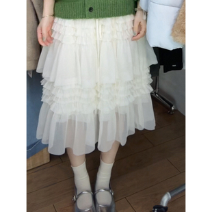 首尔fitcheck‘超仙细网纱荷叶边层次蛋糕裙a字蓬蓬半身裙