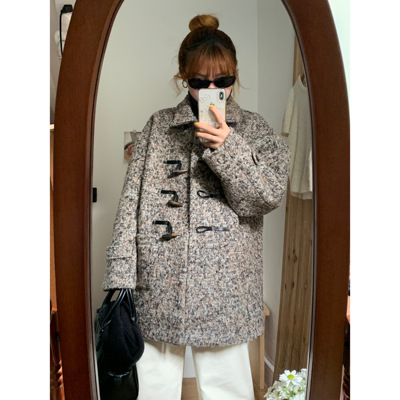 蘑糯糯复古牛角扣羊毛毛呢大衣女冬小个子韩系加厚中长款呢子外套