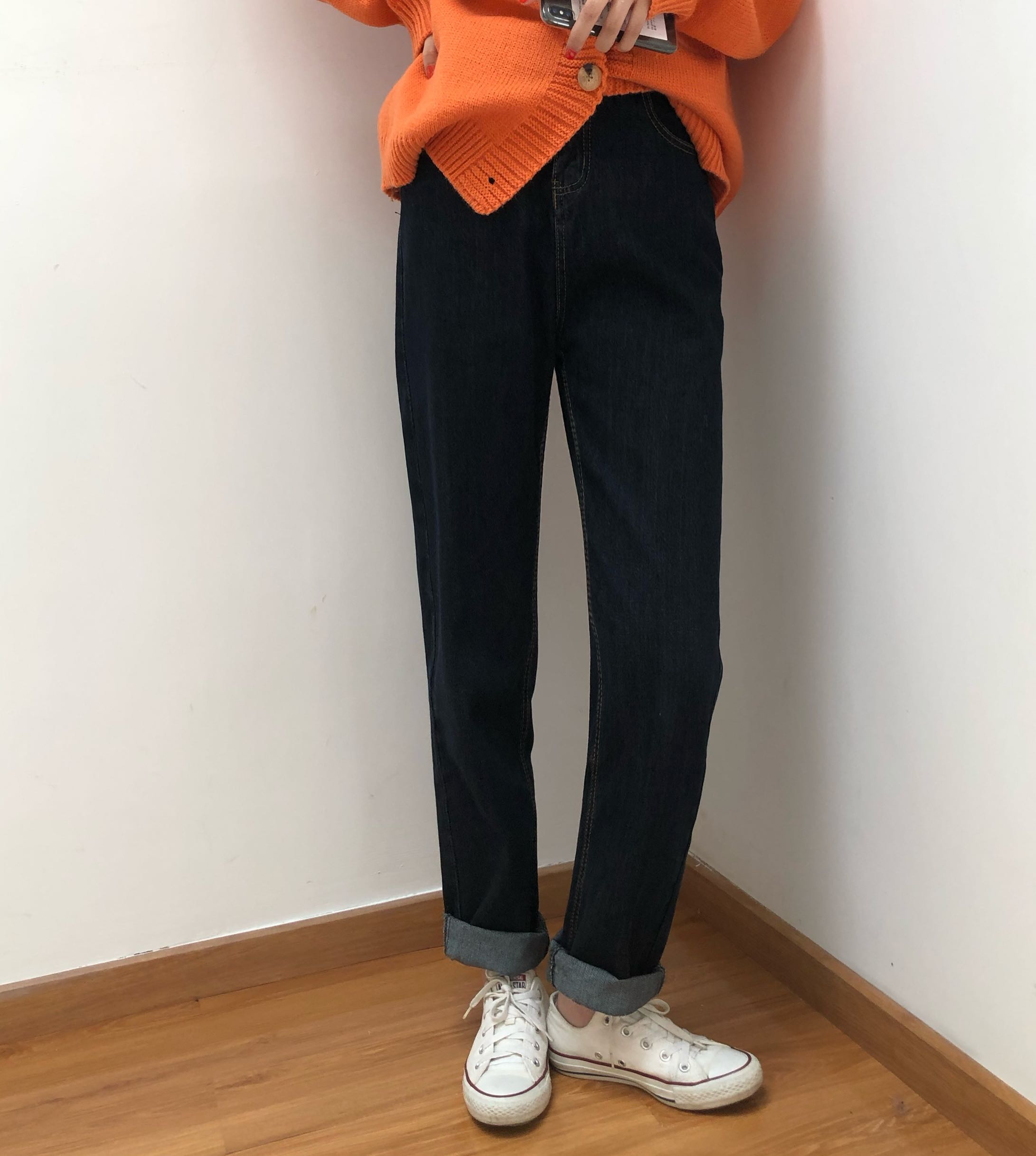 明线深蓝直筒牛仔裤女秋冬韩版宽松九分烟管裤高腰显瘦老爹裤子潮