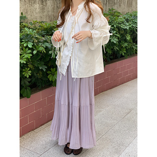 女春系带喇叭袖 上衣 全棉蕾丝拼接木耳边提花衬衫 吉普赛少女