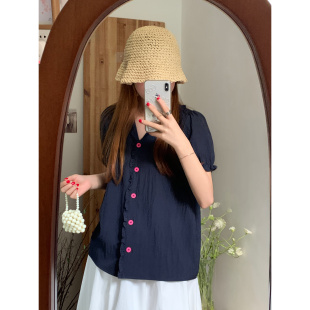 藏青小粉扣翻领花边衬衫 休闲日常莫代尔上衣显白宽松V领