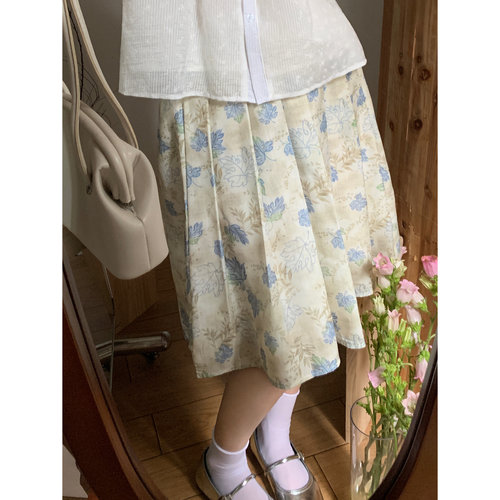 “花裙子”植物花朵百褶裙中裙碎花半身裙半松紧腰春夏