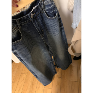 NO.3枪花纹理经典水洗蓝复古休闲牛仔裤女春秋重工宽松显瘦阔腿裤