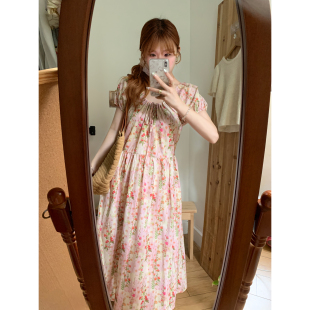 春日花束日系少女粉碎花可抽绳系带连衣裙