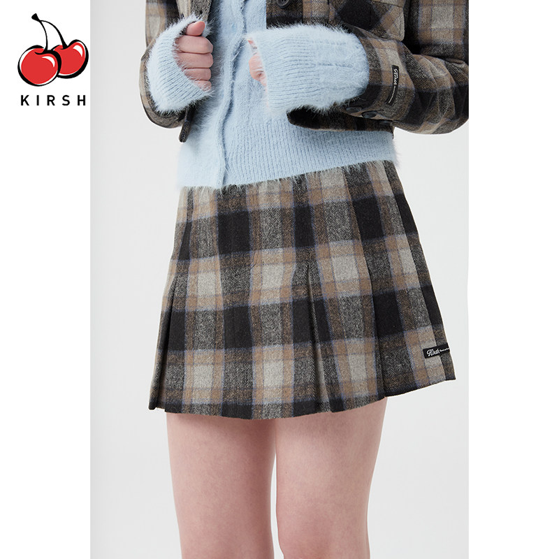 kirsh大樱桃秋冬新款潮a字格子半身裙女毛呢百褶短裙减龄少女显瘦